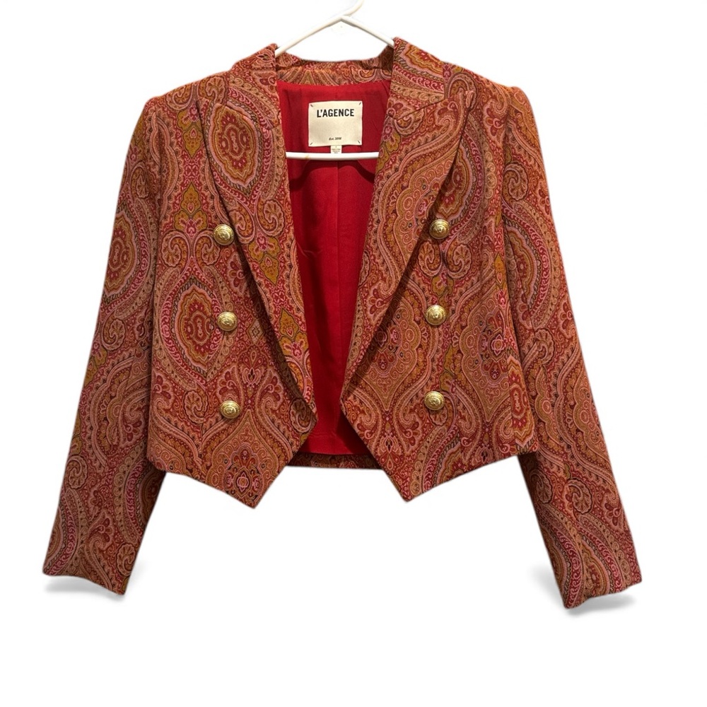 L'AGENCE Lila Paisley Boxy Blazer Open Front Womens Size 4 Sades of Red Colors